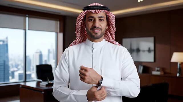 A man in traditional Middle Eastern attire adjusts his cufflink in a modern office, city visible