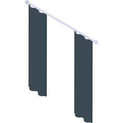 Two Dark Gray Fabric Curtains Hanging From a Light Gray Rod Against a White Background with a Transparent Design