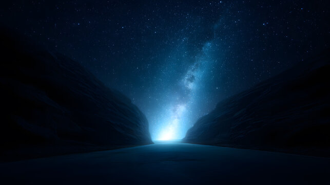 Celestial Pathway: A mystical panorama unfolds as a radiant cosmic river illuminates a narrow mountain pass, the starlit sky serving as a backdrop to this mesmerizing ethereal landscape.