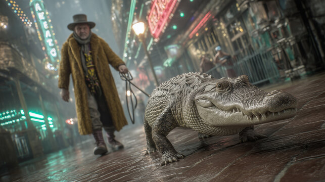 Man walks alligator on leash through neon-lit urban street, surreal and cinematic atmosphere with vintage style fashion