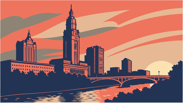 Vintage vector illustration of columbus, ohio skyline with a winding river. Suitable for travel brochures, posters, postcards, and websites.