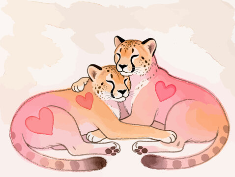  Two Cuddling Cheetahs Illustration with Pink Hearts on Watercolor Background