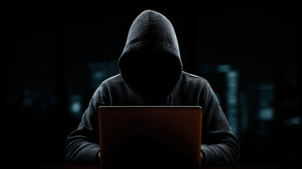Hooded Cyber Hacker Typing Code in Dark Room, Anonymous Cybercriminal Programming Malware Attack, Digital Security Threat Concept, Computer Crime and Data Breach Technology Background