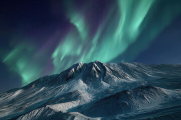 Northern lights over snow covered mountain peak at night, aurora borealis sky with green and teal curtains, starlight above icy alpine ridge creating serene cold atmosphere