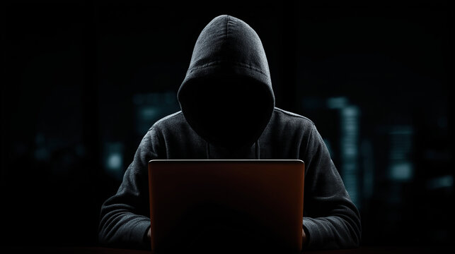 Hooded Cyber Hacker Typing Code in Dark Room, Anonymous Cybercriminal Programming Malware Attack, Digital Security Threat Concept, Computer Crime and Data Breach Technology Background