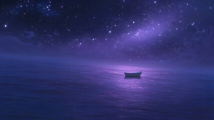 Serene night voyage: A solitary boat drifts peacefully upon a vast, dark sea under a starlit night sky, filled with wonder and solitude. 