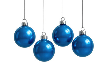 Four blue christmas baubles hanging for holiday decoration