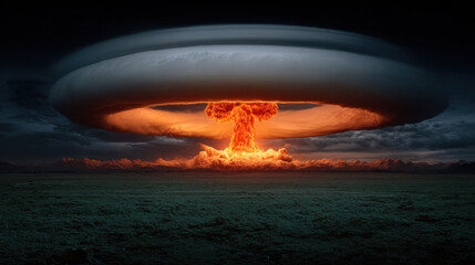 Aerial mushroom cloud explosion over flat plain at night with luminous fireball and layered cloud formation creating dramatic apocalyptic scene