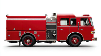 Red fire truck side view emergency vehicle rescue apparatus bright red paint shiny metal compartment door