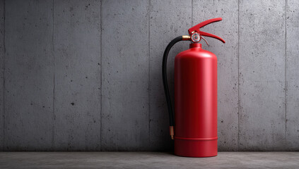 Fototapeta premium Red fire extinguisher hanging on concrete wall with hose and metal valve, safety equipment for emergency use in industrial interior setting
