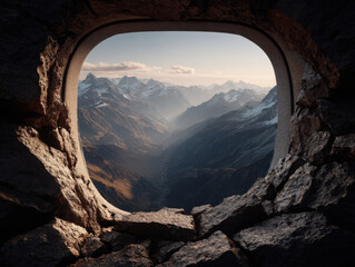 Aerial mountain valley airplane window rocky cave frame snow peak sunrise light misty atmosphere