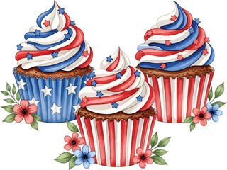 Patriotic Red, White & Blue Cupcakes Trio Vector Illustration