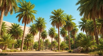 Desert oasis with lush palm trees reaching for a clear blue sky