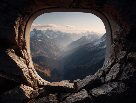 Aerial mountain valley airplane window rocky cave frame snow peak sunrise light misty atmosphere