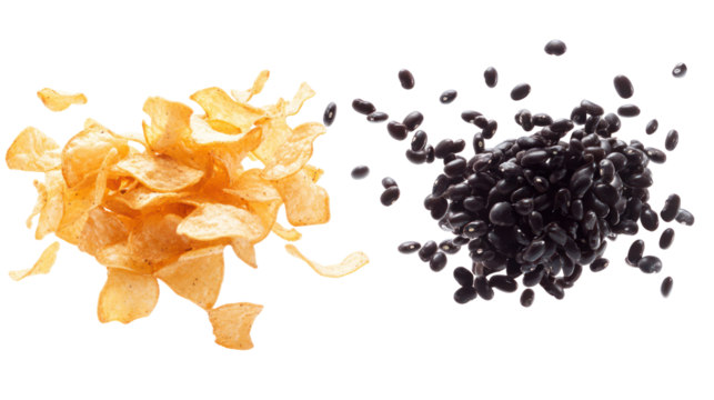 Orange flower petals and black seeds scattered isolated on transparent background