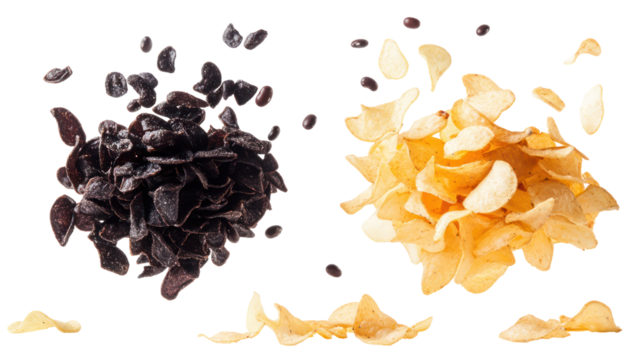 Two swirling clouds of dark and light colored flower petals isolated on transparent background