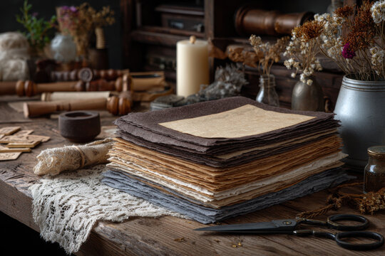 Vintage paper stack hand dyed with tea stain and coffee hues layered on rustic wooden table with lace scissors and dried flowers, evoking nostalgic craft mood - Powered by Adobe