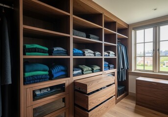 Stylish bespoke dark walnut wood closet system with open shelves, drawers, and hanging clothes