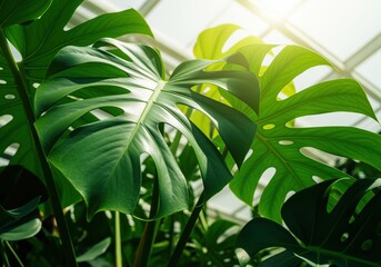 Vibrant green monstera plant leaves thriving in a bright sunlit greenhouse environment