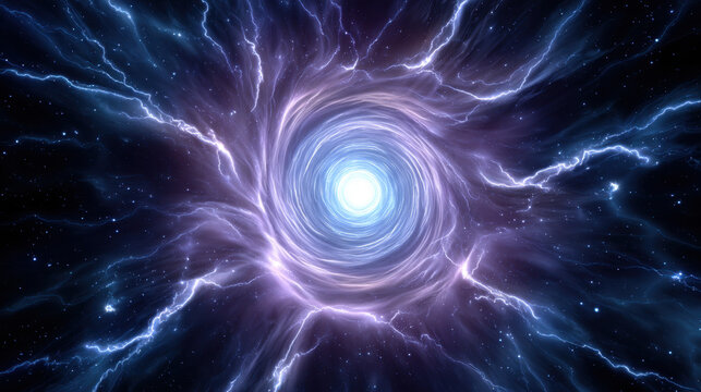 A luminous vortex portal space vortex energy swirl cosmic tunnel electric lightning nebula cloud star field light core wormhole