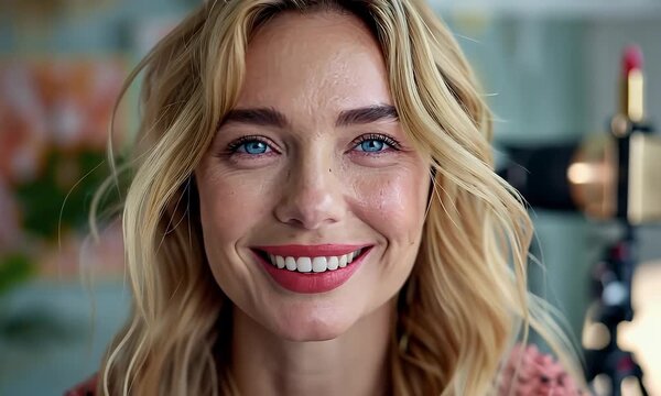 Modern interpretation of beautiful woman smiling with blue eyes and blonde hair blending woman, female, beauty.