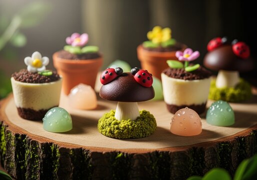 Whimsical garden themed mini desserts with ladybugs and flowers on a mossy log slice - Powered by Adobe