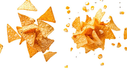 Two piles of crispy tortilla chips flying isolated on transparent background