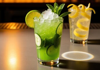 Fototapeta premium Refreshing bright green cocktail with cucumber and mint in a highball glass with crushed ice