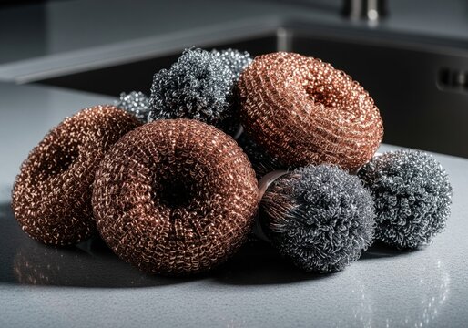 Cluster of metallic copper scouring pads and steel wool bundles for kitchen cleaning