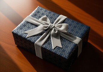 Elegant dark blue gift box with grey ribbon and bow on wooden table with sunlight