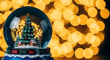 Magical Christmas Snow Globe: Close-up of Festive Tree and Miniature Village with Bright Golden Bokeh Holiday Lights Background