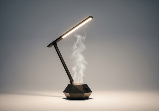 Contemporary black matte finish table lamp with geometric base and integrated humidifier emitting steam