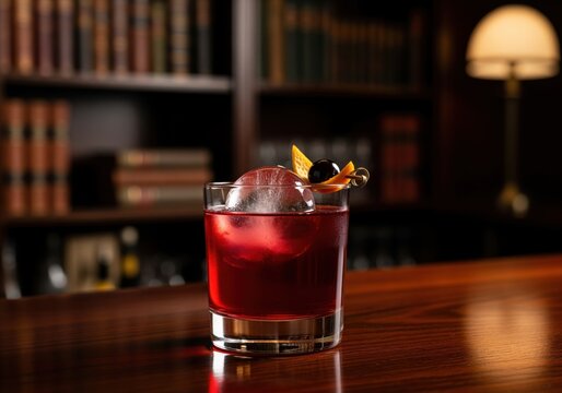 Sophisticated ruby red cocktail with spherical ice and garnish on a wooden bar