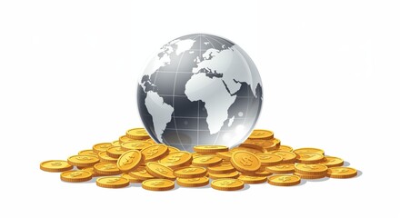 Global Finances: Illustrative depiction of global financial abundance, with the earth placed above a pile of gold coins, symbolizing wealth and worldwide economy. 