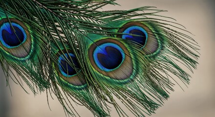 Fototapeta premium Peacock Feathers: A captivating close-up of vibrant peacock feathers, their intricate patterns and vivid hues of blue and green radiating beauty and elegance. 