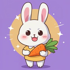 Cute Bunny with Carrot: A charming cartoon bunny radiates joy as it proudly clutches a vibrant carrot, symbolizing freshness and a delightful moment.