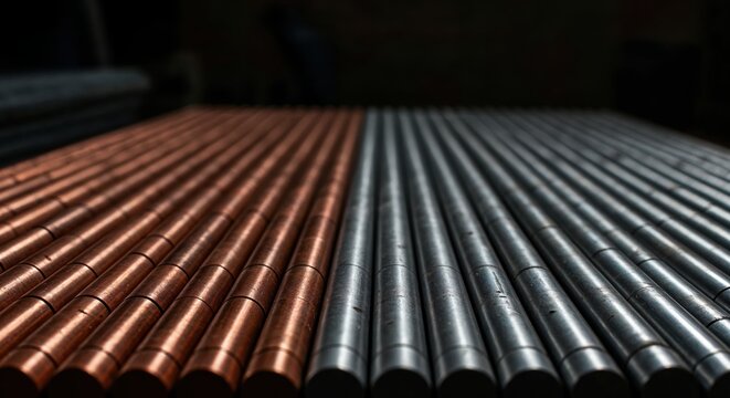 Metallic Symmetry: A macro shot showcasing rows of gleaming metal rods, reflecting light and texture in a display of industrial precision.
