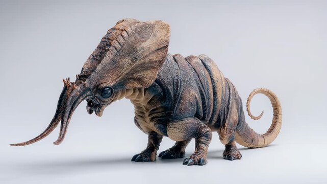 Realistic sci-fi creature design of a massive alien animal with armoured head, and thick wide herbivore body, on a white background.