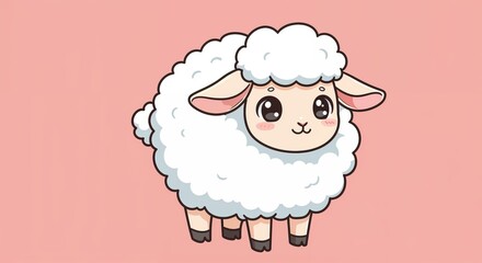 Naklejka premium Playful Lamb: A cute cartoon lamb with fluffy white wool and a heartwarming gaze against a soft, pink backdrop, exuding innocence and charm.