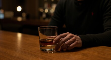 Solitary Moments: A close-up shot of a glass of amber liquid, resting on a polished wooden surface, evoking a sense of calm reflection in an intimate setting.
