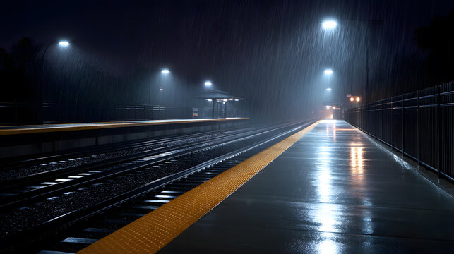 Night Station in Rain: A long exposure captures a hauntingly beautiful, deserted train station, illuminated by streetlights in the dark night with rain.