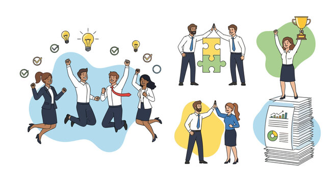 Diverse team of business professionals celebrating success and achieving goals illustration