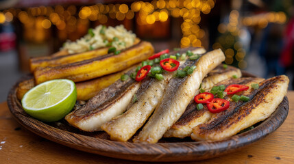 A delectable serving of grilled fish and plantains, reminiscent of the vibrant culinary traditions found at the Ma Dengn Beach Festival in Africa, offering a taste of authentic local cuisine