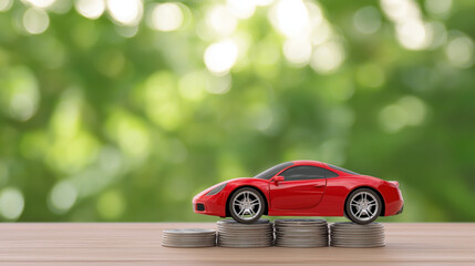Red sports car placed on stacks of coins on wooden table with green bokeh background representing car finance and investment concept.