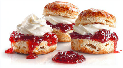 british scones with clotted cream and jam on isolated background