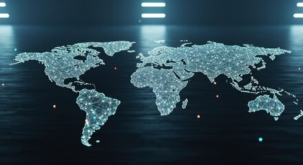 Digital world map outlined with connected dots on dark floor, futuristic