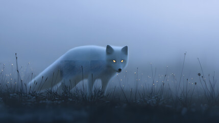 Arctic Fox in Mist: An arctic fox, pristine white, navigates a misty landscape, its glowing eyes piercing through the ethereal fog, epitomizing the untamed wilderness.