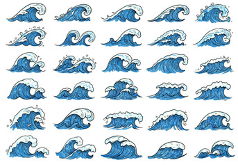 Set of stylized blue waves in various shapes on a white background