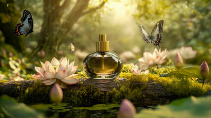 perfume bottle in a woodland setting with butterflies
