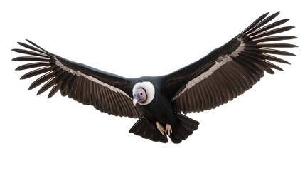 Fototapeta premium Andean condor, Vultur gryphus soaring with wings wide open, isolated on white background, majestic bird photography